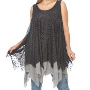 Black polka dot mesh dress with shark bit hem